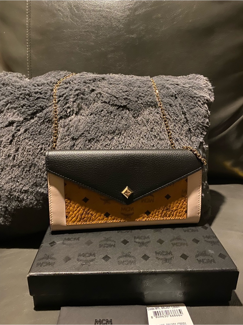 MCM Tri-Color Leather Chain Wallet — Black, Cognac & Beige
